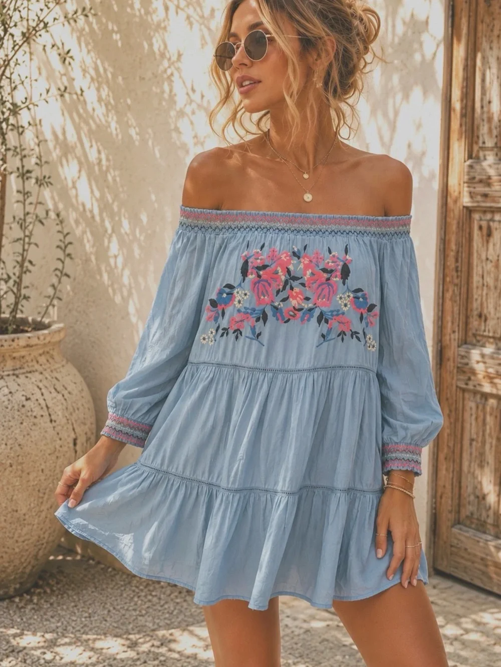 Free People Light Blue Embroidered Off-Shoulder Tunic Dress